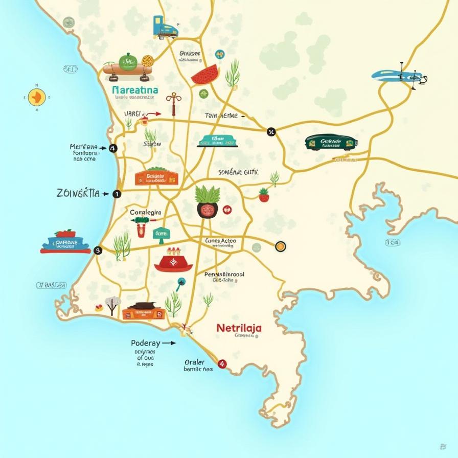 Mapa culinario ilustrado de Cartagena mostrando zonas gastronómicas