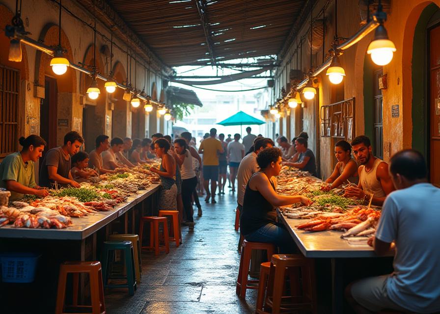 Restaurante de mariscos tradicional estilo mercado con ambiente local